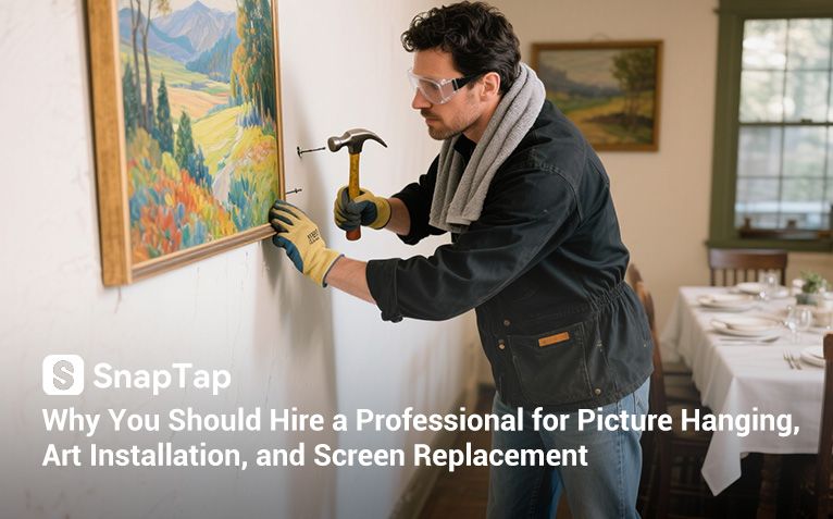 picture hanging, art installation, and screen replacement